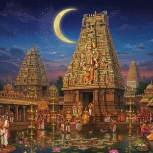 A majestic night scene of the Sowmya Narayana Temple illuminated by thousands of traditional brass oil lamps and modern spotlights, casting a golden ethereal glow. Lord Vishnu stands tall in his traditional form with four hands - holding the Sudarshana Chakra, Panchajanya conch, lotus flower, and mace. The temple architecture features intricate South Indian Dravidian style with ornate gopurams decorated with vibrant flower garlands. Devotees in colorful traditional attire perform pradakshina around the temple. The foreground shows elaborate rangoli patterns made with flowers and colored rice powder. Floating lotus flowers and diyas in a temple tank reflect the temple lights. The sky features a crescent moon with subtle mandala patterns in deep blue and gold. Multiple smaller scenes around the main temple depict various festival activities - priests performing abhishekam, traditional dance performances, and ceremonial processions. The art style combines photorealistic architectural details with ethereal lighting and mystical elements, maintaining religious accuracy while creating a modern aesthetic appeal. The color palette focuses on deep royal blues, burnished gold, saffron, and warm yellows.