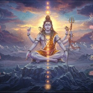 A mystical scene depicting Lord Shiva in deep meditation, seated in Padmasana on a crystalline mountain peak resembling Kashmir's landscapes. His form is ethereal, semi-transparent, with four arms - upper right holding damaru, upper left holding trishul, lower hands in dhyana mudra. His body emanates pulsating waves of divine energy (spanda) visualized as concentric rings of golden light. Around him, multiple dimensions of reality unfold like layers of translucent mandalas in deep indigo, saffron, and cosmic blue. The background features the sacred Kashmir valley with snow-capped peaks, rendered in a dreamy, surreal style. Floating lotus flowers, Sanskrit symbols, and spiraling energy patterns create dynamic movement. The lighting is dramatic with divine rays breaking through clouds, highlighting the central figure. The art style combines traditional Kashmiri miniature painting elements with modern digital art techniques, featuring rich textures, metallic accents, and a sophisticated color palette of deep blues, cosmic purples, and molten golds. The overall composition suggests spiritual depth, cosmic consciousness, and the dynamic nature of reality.