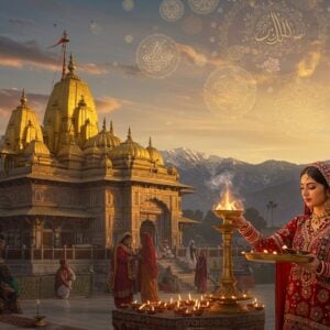A serene evening scene at the iconic Raghunath Temple in Jammu, with its ornate golden spires illuminated by warm sunlight. In the foreground, a young Indian woman in a traditional Kashmiri Pheran dress performing aarti with a brass thali decorated with intricate Dogra patterns. Behind her, a mystical blend of Hindu and Sufi elements: floating lotus flowers intertwined with Islamic geometric patterns, creating a luminous mandala in the sky. The scene includes devotees in both traditional Dogra attire and modern clothing, symbolizing the fusion of time periods. The architecture features a blend of Nagara temple style and Persian influences, with detailed Madhubani-style border patterns. The color palette combines deep maroons, saffron, and peacock blue with ethereal gold accents. Soft glowing diyas and incense smoke create a dreamlike atmosphere, while snow-capped peaks of the Pir Panjal range visible in the distance. The scene is rendered in a style merging traditional Pahari miniature painting techniques with modern digital art aesthetics, emphasizing photorealistic textures and magical lighting effects.