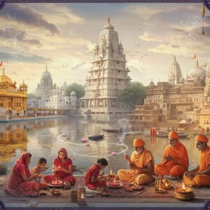 A majestic aerial view of India's most iconic spiritual sites seamlessly blending together in a surreal dreamscape: the golden dome of Harmandir Sahib reflecting in pristine waters, the towering white marble Ranakpur Jain Temple with intricate carved pillars, and the ancient ghats of Varanasi with floating diyas illuminating the sacred Ganges. In the foreground, a modern Indian family in contemporary clothing performs puja, while traditional sadhus in saffron robes meditate nearby. The scene is enriched with ethereal elements: floating lotus flowers, spiraling incense smoke forming mystical mandalas, and soft golden light breaking through clouds. Traditional Madhubani patterns frame the corners, featuring peacocks and sacred symbols in deep indigo and maroon. Architectural details are precise and historically accurate, with a hyperrealistic digital art style. The color palette combines rich traditional colors (saffron, deep blue, gold) with modern pastel tones (rose pink, mint green). The overall composition creates a bridge between ancient spirituality and modern tourism, with floating prayer flags and bells adding movement to the scene. Ultra-detailed, cinematic lighting, photorealistic texturing, 8k resolution.