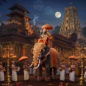 A majestic night scene of Sree Ramaswami Temple illuminated by thousands of traditional brass oil lamps and modern string lights, with intricate Dravidian architecture highlighted in gold and deep red. In the foreground, a grand festival procession featuring an ornately decorated temple elephant wearing traditional Kerala temple decorations with golden nettipattam. Lord Rama's idol, adorned in rich silk vastrams and gold ornaments, is carried on the elephant. Devotees in traditional Kerala attire holding brass deepams and colorful umbrellas surround the procession. The background shows temple musicians playing chenda and kombu, creating a dynamic atmosphere. Vedic priests in traditional white mundu perform rituals with sacred fire. The sky features a full moon with subtle mandala patterns, while flower petals and incense smoke create an ethereal atmosphere. Art style combines hyperrealistic digital rendering with traditional Kerala mural art elements, emphasizing rich colors like deep maroon, forest green, and gold. The lighting should be dramatic, with oil lamps creating a warm golden glow against the deep blue night sky.