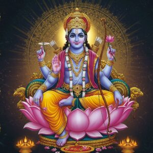 A majestic portrait of Lord Rama in his divine form, seated in padmasana on a golden lotus throne, emanating a soft blue aura. His four hands hold his iconic bow Kodanda, arrows, abhaya mudra, and varada mudra. He wears traditional royal attire with intricate gold embroidery, crowned with a magnificent kiritam adorned with precious gems. The background features a large, ornate mandala in peacock blue and gold, with vedic symbols and Sanskrit motifs merging into modern geometric patterns. Floating lotuses and sacred threads weave through the scene. The lighting is ethereal with golden rays emerging from behind, creating a cosmic ambiance. The art style combines traditional Thanjavur painting techniques with modern digital art, featuring rich colors like royal blue, saffron, and deep maroon. Smaller vignettes in circular frames surround the main figure, showing scenes from Ramayana in Madhubani style. The overall composition suggests divinity, wisdom, and timelessness while maintaining a contemporary aesthetic appeal.
