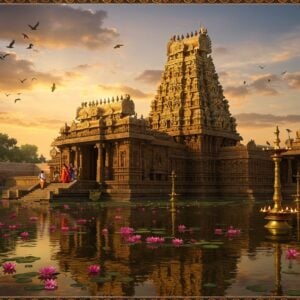 A majestic South Indian temple architecture at dawn, with golden sunlight illuminating its ornate gopuram decorated with intricate Dravidian sculptures. The main temple tower rises 7-tiers high, featuring detailed carvings of Lord Shiva's various forms. The foreground shows a serene temple pond with blooming pink lotus flowers, reflecting the temple's image perfectly. Traditional brass temple lamps (vilakku) line the pathway, their flames creating a warm glow. Two devotees in traditional attire (a man in white veshti and a woman in red silk saree) are seen ascending the temple steps. Floating diyas and flower petals adorn the water surface. The sky features soft pastel clouds with hints of orange and purple. Small birds are flying near the temple spire. The scene incorporates Madhubani-style decorative elements in the borders, with intricate mandala patterns. The lighting is ethereal with divine rays emerging from behind the gopuram, creating a mystical atmosphere. The overall color palette includes deep golds, rich browns, terracotta, and peaceful blues, rendered in a modern digital art style with photorealistic details.
