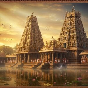 A majestic South Indian Shiva temple with towering gopuram decorated with intricate Dravidian architecture, rendered in rich gold and saffron hues. The main temple structure features detailed sculptures of various Hindu deities and mythological scenes in traditional Chola style. In the foreground, a serene temple tank reflects the golden light of dawn, with lotus flowers floating on its surface. The temple courtyard shows devotees in traditional Tamil attire performing pradakshina (circumambulation). The scene is enhanced with soft, ethereal lighting creating a mystical atmosphere with rays of sunlight filtering through morning mist. Intricate Madhubani-style patterns frame the scene, featuring recurring motifs of Shiva's symbols - the crescent moon, trishul, and damaru. The color palette combines deep maroons, peacock blues, and burnished gold, with subtle highlights of spiritual white light. The architectural details showcase classic Tamil temple elements like mandapams, vimanas, and ornate pillars, all rendered with photorealistic precision while maintaining a dreamlike quality. Floating diyas and smoke from ritual fires add depth and atmosphere to the scene, creating a harmonious blend of traditional sanctity and contemporary artistic appeal.