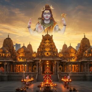 A majestic, intricately detailed Singapore temple complex dedicated to Lord Shiva, illuminated by golden sunrise light, with the modern Singapore skyline visible in the background. Lord Shiva appears as a semi-transparent, ethereal form above the temple, in his classic meditation pose with matted locks, serpent around his neck, crescent moon on head, and river Ganga flowing from his hair. The temple architecture combines traditional South Indian Dravidian style with modern elements, featuring ornate gopurams decorated with detailed sculptures in rich colors of gold, saffron, and deep blue. Floating mandalas and sacred geometric patterns surround the scene, while lotus flowers and incense smoke create a mystical atmosphere. The foreground shows devotees in modern attire performing puja with traditional offerings. The lighting creates a dramatic interplay of light and shadow, with soft glowing diyas and modern architectural lighting highlighting the temple's features. Art style merges photorealistic architecture with ethereal, spiritual elements in Madhubani-influenced digital art style, emphasizing both tradition and modernity.