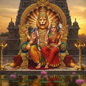 A majestic view of Lord Narasimha in his divine form with a human torso and lion head, adorned in golden ornaments and royal garments, seated on an ornate throne with intricate Dravidian temple architecture details. He has four arms - upper right hand holding the Sudarshana Chakra, upper left hand holding the divine conch, lower right hand in abhaya mudra, and lower left hand holding a golden lotus. Goddess Lakshmi sits gracefully on his left thigh, wearing a red and gold silk saree with traditional temple jewelry. The background features a grand South Indian temple gopuram with intricate carvings in warm sunset lighting, with golden rays filtering through. The foreground shows marble steps with traditional rangoli patterns and lit brass lamps. Ethereal lotus flowers float in crystal-clear temple tank waters reflecting the golden sky. The scene is rendered in a fusion of hyperrealistic digital art with traditional Tanjore painting style, emphasizing rich golds, deep maroons, and peaceful blues. Soft glowing halos and divine aura surround the deities, creating a spiritual atmosphere.