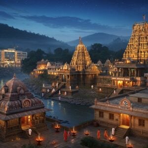 A serene nighttime view of the majestic Srisailam temple complex illuminated with warm golden lights, nestled against the Nallamala hills with a misty forest backdrop. In the foreground, three distinct accommodation types are showcased: a modern luxury hotel with glass facades reflecting temple lights, a traditional stone-built ashram with Sanskrit inscriptions and om symbols, and a comfortable government guest house with Kakatiya architecture. The scene features subtle Madhubani art elements in the sky with intricate patterns of stars and clouds. The color palette combines deep blues of the night sky, warm golden temple lights, and earthy browns of the buildings. Small oil lamps and incense smoke create a mystical atmosphere. A few pilgrims in traditional Indian attire are seen walking on the pathways. The Krishna river flows serenely in the background with moonlight reflecting off its surface. The overall composition is enhanced with modern digital art techniques, maintaining a perfect balance between traditional elements and contemporary aesthetics, with an ethereal glow throughout the scene.