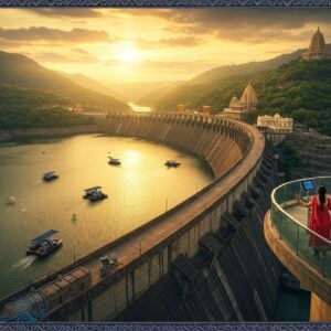 A stunning aerial view of the majestic Srisailam Dam at sunset, with its massive concrete structure spanning across the Krishna River, surrounded by lush green Eastern Ghats mountains. The water reflects golden-orange light, creating a mirror-like effect. In the foreground, a modern observation deck with glass railings overlooks the dam, where a young Indian couple in contemporary casual wear uses a high-tech AR viewer. The scene includes traditional Madhubani-style decorative elements along the borders, featuring stylized waves and mountain patterns in deep indigo and gold. Multiple boats with eco-friendly solar panels glide on the reservoir. The ancient Mallikarjuna Jyotirlinga temple sits atop a distant hill, its spire glowing with a divine aura. Floating lotus flowers and traditional Indian motifs blend seamlessly with modern architectural elements. The lighting is dramatic with sun rays breaking through clouds, creating a mystical atmosphere. The art style combines photorealistic dam architecture with ethereal Indian artistic elements, rendered in rich, deep colors including peacock blue, saffron, and emerald green.