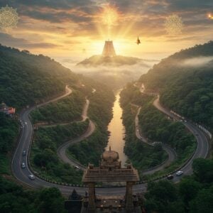 A majestic aerial view of the winding Srisailam Ghat Road cutting through misty Nallamala hills, with the iconic Srisailam temple dome visible at the hilltop, glowing in golden morning light. The road curves dramatically like a serpent through dense forest, with modern cars navigating the hairpin bends. The scene features mystical elements with floating lotus petals and glowing mandalas in the sky. Traditional Madhubani-style sun rays pierce through morning clouds, creating divine light beams. The color palette includes deep forest greens, misty blues, and warm golden hues. In the foreground, a stylized stone arch gateway decorated with intricate South Indian temple architecture patterns. The Krishna river flows serenely below, reflecting the golden sky. The scene captures both modern infrastructure and ancient spirituality, with ethereal floating diyas and temple bells in the corners. The art style combines photorealistic landscape with magical surreal elements and traditional Indian artistic motifs. Hyperdetailed, cinematic lighting, atmospheric perspective.