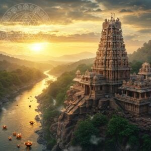 A majestic aerial view of Srisailam Temple perched atop Nallamala Hills during golden sunset, with intricate Dravidian architecture highlighted in rich detail. The main temple tower features ornate sculptures in traditional South Indian style, with Lord Shiva and Goddess Bhramaramba depicted in divine union. The foreground shows the sacred Krishna River flowing around the hill in a horseshoe shape, creating a mystical atmosphere with soft mist rising from the water. The scene is enhanced with ethereal golden light rays breaking through clouds, illuminating the temple complex. Small oil lamps float on the river, creating points of warm light. The surrounding forest is rendered in deep greens with hints of gold. In the sky, a large, translucent, geometric Shiva yantra mandala glows with subtle energy, casting a spiritual aura. The art style combines hyperrealistic architectural details with mystical elements, featuring a color palette of deep maroons, saffron, gold, and peaceful blue tones. Sacred symbols like the trishul and lotus flowers are subtly integrated into the composition. The overall scene captures both the grandeur of the physical temple and its spiritual significance.
