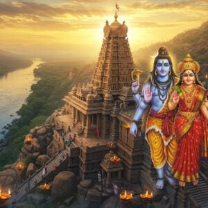 A majestic aerial view of Srisailam Temple perched atop Nallamala Hills during golden sunset, with the Krishna River meandering below in deep blue waters. The temple's Dravidian architecture features intricately carved gopurams with traditional Kakatiya-style sculptures. In the foreground, Lord Shiva as Mallikarjuna appears in a semi-transparent, ethereal form with three eyes, four arms holding trishul, damaru, and blessing mudra, wearing tiger skin and rudraksha malas. Beside him, Goddess Brahmarambika in resplendent gold silk saree with red border, adorned with traditional temple jewelry. The scene is enhanced with floating lotus flowers, glowing diyas, and spiral energy patterns. Soft mist surrounds the temple complex, creating a mystical atmosphere. The lighting combines warm golden rays with cool blue shadows, while maintaining traditional Madhubani patterns in the sky. Modern pilgrims in contemporary Indian attire are seen climbing the ancient stone steps. Style should blend hyperrealistic digital art with traditional Pattachitra techniques, emphasizing both the temple's grandeur and its spiritual significance.