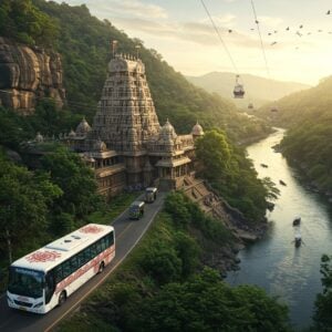 A stunning aerial view of the sacred Srisailam temple complex nestled amidst the lush Nallamala forest, with the Krishna River winding like a silver serpent below. In the foreground, a modern electric bus in pristine white with traditional Madhubani patterns in gold and maroon navigates a scenic mountain road. Multiple modes of transport converge towards the temple - a sleek cable car system gliding above the canopy, traditional boats with solar-powered motors on the river, and a few electric auto-rickshaws decorated with intricate Pattachitra art motifs. The scene is captured during golden hour, with soft sunlight creating a mystical atmosphere. Flying birds form a mandala pattern in the sky. The color palette focuses on deep forest greens, temple-stone greys, river blues, and golden sunlight. The architectural details of the temple are precise, featuring the distinct Dravidian style with intricate carvings. The scene combines modern transportation elements with traditional Indian architectural grandeur, rendered in a style merging hyperrealistic digital art with traditional Indian art sensibilities.