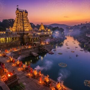 A majestic aerial view of the Srisailam Temple complex nestled atop the Nallamala Hills at twilight, with the Krishna River flowing serenely below in deep blue hues. The temple's Dravidian architecture is detailed with intricate gold-highlighted gopurams glowing against a mystical purple-orange sky. Ethereal light emanates from the temple, creating a divine atmosphere. The foreground shows modern pilgrims in traditional Indian attire walking on illuminated stone pathways, their shadows casting long patterns. Floating lotuses and diyas dot the river's surface, creating points of golden light. Photorealistic style merged with traditional Indian art elements, featuring elaborate mandalas in the sky. The scene includes sacred Nandi statues, with smoke from ritual fires creating mystical patterns in the air. Rich colors of deep maroon, saffron, and peacock blue dominate, with soft golden lighting throughout. A few modern buildings and guest houses visible in the distance, seamlessly blending with the ancient architecture. The entire scene is framed by blooming Nallamala forest flowers and architectural details from the temple, creating a harmonious blend of nature, spirituality, and modernity.