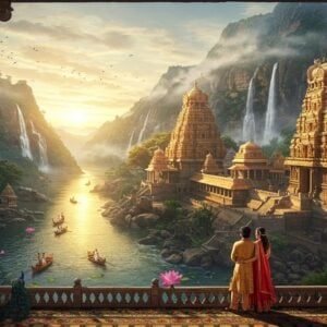 A majestic aerial view of Srisailam temple complex nestled among misty Nallamala hills, with the Krishna River creating a luminous serpentine path below. The temple's traditional Dravidian architecture is rendered in rich gold and saffron hues, with intricate Madhubani-style patterns decorating the towers. In the foreground, a young Indian couple in modern ethnic wear (man in kurta, woman in sundress with dupatta) stands on a decorated viewing platform, looking out at the panorama. The scene is enhanced with floating lotus flowers, mystical light rays piercing through morning clouds, and subtle mandalas in the sky. Multiple waterfalls cascade down the hills in the background, while peacocks dance on temple terraces. The lighting is warm and ethereal, creating a golden hour atmosphere. The style combines hyperrealistic digital art with traditional Indian art elements, featuring deep peacock blues, forest greens, and burnished golds. Small boats with pilgrims dot the river below, appearing like golden specks in the sun. The entire scene is framed by ancient stone pillars decorated with traditional Andhra Pradesh motifs.