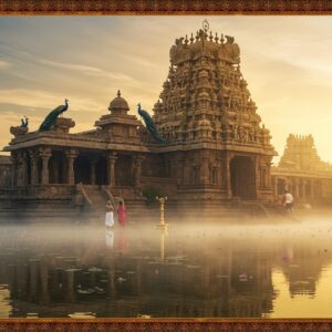 A majestic ancient South Indian Vimana temple architecture emerging through golden morning mist, with intricate Dravidian architectural details in granite stone. The temple's main tower features ornate sculptures of Vishnu's various avatars carved in traditional Tamil style. The foreground shows a serene temple tank with lotus flowers, reflecting the temple's structure in crystal-clear water. Two traditional Indian devotees in traditional Tamil attire offering prayers. The scene is illuminated by warm sunrise light creating a divine atmosphere, with rays filtering through the morning fog. Multiple peacocks perched on the temple walls add grace to the scene. Intricate Madhubani-style border patterns frame the scene, featuring geometric designs and traditional motifs in deep maroon and gold. The color palette includes rich temple gold, weathered stone grey, deep peacock blue, and warm sunrise oranges. The art style combines hyperrealistic architectural details with ethereal lighting and mystical elements, showing both the temple's historical grandeur and spiritual significance. Sacred Tamil scripts and symbols are subtly carved into the temple walls, with soft glowing halos around them.