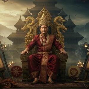 A majestic scene depicting an Ahom ruler Susenghphaa in traditional royal Ahom attire, wearing an intricately designed golden crown adorned with precious stones, seated on an ornate throne decorated with dragon motifs and Tai-Ahom symbols. He wears rich silk garments in deep maroon and gold, with traditional Assamese jewelry. The background showcases the grand architecture of the Talatal Ghar palace with its distinctive multi-tiered structure. Surrounding him are symbolic elements of Ahom culture - ceremonial swords, royal insignia, and ancient manuscripts with Tai script. The lighting is dramatic with golden rays filtering through traditional Assamese architectural elements. The art style combines traditional Assamese motifs with modern digital art techniques, featuring rich colors like deep blues, royal golds, and burgundy. Decorative patterns inspired by Assamese textiles frame the scene, while misty mountains of medieval Assam are visible in the distance. The atmosphere is regal and mystical, with small details like incense smoke and ceremonial lamps adding depth to the scene. Hyperrealistic rendering with emphasis on textile textures and metallic elements.