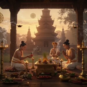 A majestic scene depicting a traditional Tai Ahom ritual ceremony at sunset, with three Ahom priests in traditional white and gold dhoti-kurta performing sacred rites around an intricately carved brass altar. The altar holds ceremonial items including brass lamps, betel nuts, and traditional offerings. In the background, a grand Ahom-style temple structure with characteristic multi-tiered roof in deep maroon and gold. The scene is illuminated by multiple brass oil lamps creating a warm, golden glow. Floating spiritual elements include delicate patterns of sacred geometry in gold leaf, wispy smoke trails from incense, and traditional Ahom motifs. The composition includes detailed elements of Tai-Ahom architecture, with carved wooden pillars and traditional symbols. The atmosphere is mystical with soft light filtering through incense smoke, creating ethereal rays. The color palette focuses on rich golds, deep reds, whites, and warm browns. Art style combines traditional Indian miniature painting techniques with modern digital art, emphasizing intricate details and atmospheric lighting. The scene should have a photorealistic quality while maintaining a spiritual, otherworldly essence.