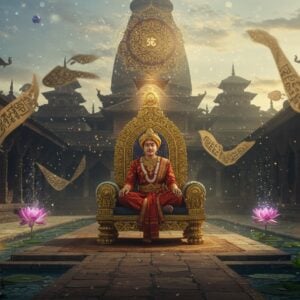 A grand ancient Indian temple courtyard at dawn, with a majestic Ahom-style architecture featuring distinctive multi-tiered roofs and intricate carvings. In the center, a noble figure representing Susenghphaa (Pratap Singha) sits in meditation on an ornately carved golden throne, wearing traditional Ahom royal attire with detailed embroidery. He's surrounded by floating spiritual symbols - a glowing mandala above his head, lotus flowers emerging from water pools, and swirling cosmic energy in deep blues and golds. The scene is illuminated by both early morning sunlight and mystical golden light emanating from traditional Assamese brass oil lamps. Sacred scriptures written in Tai-Ahom script float ethereally in the air, transforming into sparkles of light. The background features detailed Assamese motifs and patterns in rich maroon and peacock blue. The atmosphere combines both regal authority and deep spirituality, with soft mist adding a mystical quality. Art style should blend traditional Assamese art with modern digital fantasy elements, maintaining cultural accuracy while creating a surreal, dreamlike quality.