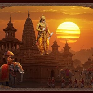A majestic scene depicting an Ahom king in traditional royal attire (golden-yellow silk dhoti, intricate chest piece, and distinctive Ahom crown with spires) standing atop the Rang Ghar palace in Sivasagar. The palace architecture features detailed Ahom structural elements with curved roofs and intricate carvings. The king holds a traditional sword in one hand and a royal scroll in another. Behind him, a large sun sets in brilliant orange and gold, creating a dramatic silhouette. The foreground shows royal elephants adorned with ceremonial decorations, and Ahom soldiers in traditional uniforms carrying their distinctive weapons. The scene incorporates Madhubani-style decorative patterns in the borders, with motifs of dragons (a significant Ahom symbol) interwoven throughout. The color palette focuses on rich golds, deep reds, and royal blues, with ethereal lighting casting a divine glow around the king. The architectural details are rendered in a hyper-realistic style while maintaining traditional Indian art sensibilities, with intricate patterns and cultural symbols embedded throughout the scene.