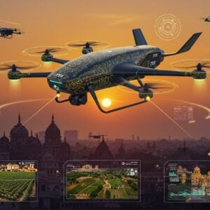 A sleek, futuristic drone with distinctive TVS design elements hovering majestically against a dawn-lit Indian cityscape. The drone features intricate Madhubani-inspired circuit patterns in gold and peacock blue glowing across its surface. Below, modern glass buildings merge seamlessly with traditional Indian architecture. The scene is illuminated by a gradient of saffron and deep purple sky, with digital mandalas floating as holographic interfaces around the drone. Small support drones with lotus-inspired propeller designs orbit the main vehicle. The lighting emphasizes technological advancement with subtle light trails and data visualization streams in warm gold and electric blue. The composition shows the drone performing multiple tasks simultaneously - agricultural monitoring, package delivery, and urban surveillance, each section detailed with miniature scenes below. Hyperrealistic 3D rendering with a touch of traditional Indian art elements, cinematic lighting, high-end product visualization, epic scale, photorealistic texturing, volumetric lighting, 8k resolution.