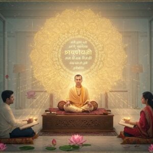 A serene, ethereal classroom scene with a young Indian Sanskrit guru in traditional white dhoti and angavastram, seated on a carved wooden teaching platform. Behind him floats a large, intricate mandala made of interconnected Sanskrit words that transform and merge into Hindi, Tamil, and English equivalents, rendered in glowing golden light. The mandala emanates soft rays in pastel blues and warm golds. Two attentive students, one male and one female in modern Indian attire, sit cross-legged on decorative meditation cushions, their expressions showing deep understanding. Floating mystical threads of light connect their minds to the transforming words in the mandala. The scene is set in a modernized gurukul with glass walls and contemporary furniture, but adorned with traditional Madhubani-style patterns on the walls. Gentle lotus flowers float in the foreground, while sacred geometry patterns in soft saffron and peacock blue create a border. The lighting is dreamy and diffused, creating an atmosphere of divine learning. Photorealistic digital art style with surreal elements, emphasizing the blend of ancient wisdom with modern education.