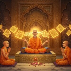 A serene Indian scholar in traditional orange dhoti seated in padmasana on an ornate marble platform, surrounded by floating, ethereal Sanskrit manuscripts rendered in golden light. The central figure is teaching two attentive disciples, while mystical streams of Sanskrit compounds elegantly break apart and rejoin in the air, visualized as flowing ribbons of light in deep saffron and peacock blue. The background features a massive, intricately carved temple wall with Madhubani-style patterns, adorned with mandalas and lotus motifs. Soft glowing orbs of light illuminate the scene, creating a magical atmosphere. The color palette includes rich golds, deep maroons, and celestial blues, with hints of pastel undertones. The art style combines traditional Indian miniature painting techniques with modern digital art aesthetics, emphasizing the divine connection between guru and student. Small particles of light and floating flower petals add a mystical dimension to the scene.