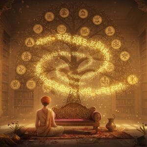A serene Indian library setting with an ethereal glow, featuring a young Sanskrit scholar in traditional cream dhoti and angavastram seated in padmasana on an intricately carved wooden seat. Behind him, floating mystically in a spiral pattern, are golden Sanskrit compounds breaking apart and joining together, visualized as delicate threads of light. The background features a massive, ornate Madhubani-style tree of knowledge with branches forming various geometric patterns. Each branch holds different symbolic representations of Tatpurusha compounds through traditional Indian motifs. The scene is illuminated by warm, golden light streaming through ornate temple windows. Floating mandalas in shades of saffron and peacock blue appear as halos around the main elements. The foreground features scattered lotus petals and ancient palm leaves with subtle Sanskrit inscriptions. The art style combines hyperrealistic digital rendering with traditional Pattachitra patterns, creating a seamless blend of ancient and modern aesthetics. The overall composition emphasizes the flow of knowledge and wisdom through soft, glowing elements and intricate details.