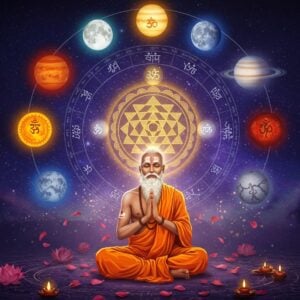 A mystical Indian sage with silver hair and flowing orange robes sits in padmasana pose against a cosmic backdrop featuring the nine celestial bodies (Navagraha) arranged in a perfect circle. Each planet glows with its traditional color - Sun in copper-red, Moon in pearl-white, Mars in blood-red, Mercury in green, Jupiter in yellow, Venus in white, Saturn in deep blue, Rahu in smoky grey, and Ketu in brown. In the center, a large, intricate yantra pattern formed by interconnected golden geometric shapes floats and radiates divine energy. The scene is illuminated by ethereal light creating a dreamlike atmosphere. Sacred Sanskrit symbols float delicately in the air, rendered in glowing golden light. The art style combines traditional Madhubani patterns in the sage's robes with modern digital art techniques. The color palette features deep indigo blues, cosmic purples, and metallic golds. Scattered lotus petals and small mandalas float in the foreground, while the background shows subtle representations of zodiac constellations. The overall composition suggests deep spiritual wisdom and cosmic connection.
