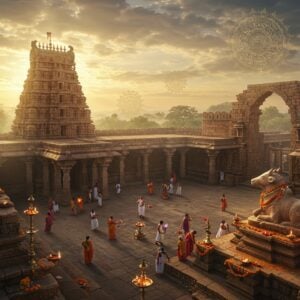 A majestic aerial view of Telangana's iconic Thousand Pillar Temple at golden hour, with intricate Kakatiya architecture in hyperrealistic detail. Ancient stone pillars cast long shadows across the courtyard, where devotees in traditional Telugu attire perform pradakshina. The foreground features an ornate stone Nandi statue adorned with fresh marigold garlands and oil lamps. The background showcases the historic Warangal Fort's carved stone gates with its signature arch design. Floating mandalas and sacred geometric patterns in gold overlay the scene. Soft rays of sunlight filter through clouds, creating divine light beams. The scene includes traditional Telangana elements like Bathukamma flowers, peacock motifs, and local architectural patterns. Art style combines photorealistic architecture with ethereal spiritual elements, deep maroons and saffron colors contrasting with glowing golden light. Mystical fog adds depth, with small oil lamps creating points of warm light throughout the scene.