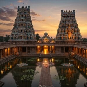 A majestic aerial view of a South Indian Dravidian-style temple complex dedicated to Lord Venkatachalapathy, rendered in a fusion of photorealistic and ethereal digital art style. The temple's main gopuram rises dramatically against a dawn sky filled with soft golden and pink clouds. The temple's architecture features intricate stone carvings in traditional Dravidian style, with multiple tiers adorned with detailed sculptures of deities and mythological figures. The main sanctum shows Lord Venkatachalapathy in his characteristic pose - standing gracefully with four arms, holding the Shanku (conch) and Chakra (disc), one hand in abhaya mudra, and one hand pointing to his feet, wearing a golden crown and adorned with traditional temple jewelry. The temple premises are illuminated with warm, divine golden light streaming through the pillared corridors. The foreground features a reflective temple tank with floating lotus flowers, creating perfect symmetry. Modern LED lighting systems highlight the architectural elements while maintaining the traditional essence. Intricate Kolam patterns decorate the stone pathways. The scene is captured in the signature Poojn style, combining Pattachitra-inspired details with contemporary digital art techniques, emphasizing the deep maroons, peacock blues, and gold color palette.