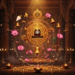 A majestic Indian temple entrance with intricate carved pillars merging into a ethereal spiritual realm, featuring a central, radiating Sri Yantra mandala in gold and saffron. Multiple iconic Hindu deity symbols float in a spiral pattern: Vishnu's conch shell emanating cosmic sound waves, Shiva's crystal lingam with milk abhishekam flowing, Ganesha's modak and broken tusk, Durga's golden trident with flowing ribbons, and Krishna's ornate flute surrounded by peacock feathers. The scene is illuminated by traditional brass temple diyas casting warm golden light, creating dramatic shadows. Sacred geometry patterns and yantra designs in Madhubani style float in the background. The color palette features deep maroons, royal blues, and burnished gold. Traditional kolam patterns made of glowing light weave through the scene. Temple bells of varying sizes hang from ornate chains, seemingly in motion. Lotus flowers in various stages of bloom float in a spiral pattern, with water droplets suspended in mid-air catching the light. The entire scene has a surreal, three-dimensional quality with depth and perspective, rendered in high-detail digital art style while maintaining traditional Indian art sensibilities. Soft particle effects and ethereal mist add a mystical atmosphere.