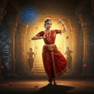 A graceful Indian classical dancer in a traditional red and gold Bharatanatyam costume performing in front of an ancient stone temple architecture, illuminated by warm golden light streaming through ornate temple pillars. Her hands form precise mudras, frozen mid-movement in a traditional dance pose with one leg lifted. She wears traditional temple jewelry including maang tikka, jhumkas, and waist belt with small bells. Behind her, ethereal floating mandalas in peacock blue and gold create a mystical atmosphere. The scene is enhanced by floating lotus petals and spiraling incense smoke. The temple walls feature intricate Madhubani-style carvings depicting dancing apsaras. The lighting creates dramatic shadows while highlighting the dancer's expressions and movements. The overall composition combines photorealistic details with surreal elements, featuring a color palette of deep maroons, temple golds, and sacred blues. Multiple semi-transparent dancers echo her form in the background, suggesting continuous movement. Digital art style with high attention to accurate classical dance postures and costume details.