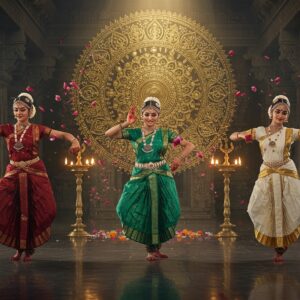 A mesmerizing scene depicting three Indian classical dancers in traditional temple dance poses, each representing different styles - a Bharatanatyam dancer in rich maroon silk costume with gold temple jewelry, an Odissi dancer in pearl-adorned sea-green silk with distinctive silver filigree ornaments, and a Mohiniattam dancer in pristine white and gold attire. They dance in a grand ancient temple corridor with intricately carved pillars and high ceilings. The backdrop features a massive golden mandala with sacred geometric patterns. Floating brass temple lamps cast a warm, divine glow. The floor reflects their movements like a mirror. Ethereal streams of light filter through temple windows, creating dramatic lighting. In the background, carved stone reliefs of apsaras come alive with a subtle golden aura. Rose petals and marigold flowers float in the air. The scene combines photorealistic details with spiritual luminescence, rendered in a style merging traditional Thanjavur painting techniques with modern digital art aesthetics. The dancers' expressions convey deep devotion and grace, their mudras perfectly formed. The composition emphasizes movement and spiritual transcendence through dance.