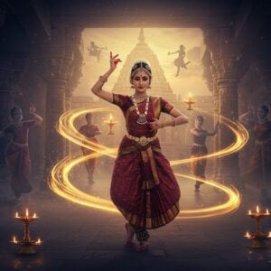 A stunning Indian classical dancer in mid-performance against the backdrop of an ancient temple courtyard illuminated by golden evening light. She wears a traditional Bharatanatyam costume in rich maroon and gold silk, adorned with temple jewelry, her hands forming precise mudras. Her eyes are lined with kohl, showing intense expression, and her feet are decorated with alta. Behind her, multiple ethereal silhouettes of dancers in various classical dance poses - Odissi, Kathak, and Kuchipudi - fade into a dreamy, misty background. The temple architecture features intricate carved pillars with dancing apsaras, surrounded by floating lotus flowers and glowing diyas. Soft rays of light filter through the temple columns, creating dramatic shadows. The scene combines photorealistic details with surreal elements, including floating mandalas and swirling dance movements captured as golden light trails. The color palette emphasizes deep jewel tones of peacock blue, royal purple, and burnished gold, with touches of soft rose pink in the sky. Hyperrealistic digital art style with magical realism influences.