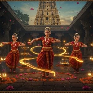 A mesmerizing scene of three Indian classical dancers performing in a grand ancient temple courtyard, illuminated by hundreds of brass oil lamps. The dancers wear traditional temple dance attire - rich maroon and gold Bharatanatyam costumes with temple jewelry, striking dramatic poses with perfect mudras. The temple architecture features intricate Dravidian style carved pillars with mythological figures, a towering gopuram in the background glowing in golden evening light. Floating lotus flowers and rose petals create magical patterns in the air around the dancers. The scene incorporates Madhubani-style decorative elements in the borders with peacock motifs and geometric patterns. The lighting is ethereal with soft golden hues mixed with cool blue moonlight creating a divine atmosphere. The dancers' expressions show deep devotional bhakti rasa, their eyes lined with kohl. Swirling ribbons of golden light trail their dance movements. The overall composition suggests movement and grace while maintaining spiritual solemnity. Art style merges hyperrealistic digital rendering with traditional Indian artistic elements, creating a cinematic yet authentic feel. The scene features ornate brass temple lamps, burning incense trails, and scattered marigold flowers adding rich sensory details.