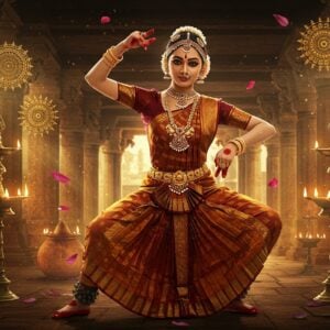 A mesmerizing Indian classical dancer in Bharatanatyam pose, adorned with traditional temple jewelry - a grand gold maang tikka with ruby center, multi-layered temple necklace with goddess Lakshmi motifs, ornate sun and moon hair ornaments, gold vanki arm bands with peacock designs, thick gold waist belt with bells, and intricate ankle bells (ghungroo). She wears a rich maroon and gold silk costume, captured mid-dance with graceful mudras. The background features a grand ancient temple corridor with carved pillars, illuminated by warm golden light streaming through windows. Floating mandalas and lotus motifs frame the scene. Multiple bronze oil lamps cast a divine glow. The art style combines hyperrealistic digital rendering with traditional Tanjore painting elements, emphasizing the metallic sheen of jewelry and rich textile textures. Dynamic motion lines and floating flower petals suggest movement. The lighting creates dramatic shadows highlighting the intricate details of the jewelry.
