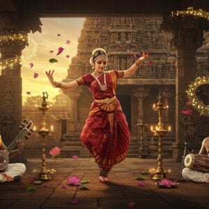 A mesmerizing Indian classical dancer in a vibrant maroon and gold Bharatanatyam costume performing in a grand ancient temple courtyard, her graceful movements captured mid-dance with bells adorning her ankles. Traditional musicians sit in a semi-circle around her, playing instruments - a veena player in a golden silk dhoti, a mridangam artist creating intricate rhythms, and a flautist in deep blue traditional attire. The temple architecture features ornate stone pillars with detailed carvings of dancing apsaras, while brass oil lamps cast a warm, ethereal glow. Floating mandalas and swirling musical notes rendered in golden light surround the scene. The background shows a massive stone temple gopuram with intricate sculptures, partially illuminated by the setting sun. The overall composition combines Madhubani-style decorative patterns with modern digital art techniques, featuring a color palette of deep maroon, burnished gold, peacock blue, and saffron. Mystical smoke trails with sparkles weave through the scene, while lotus petals drift through the air. The lighting is dramatic with golden hour warmth, creating a divine atmosphere. Hyperrealistic digital art style with attention to authentic details in instruments, costumes, and architecture.