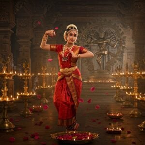 A mesmerizing Indian classical dancer in a traditional bright red and gold Bharatanatyam costume performing against the backdrop of an ancient stone temple corridor illuminated by hundreds of brass oil lamps. Her hands form precise mudras while her eyes express divine devotion. She wears traditional temple jewelry including a sun-shaped maang tikka, jhumkas, and bangles that catch the golden light. The temple architecture features intricate Dravidian carved pillars with peacocks and lotus motifs, creating dramatic shadows. Floating rose petals and ascending smoke from incense create an ethereal atmosphere. A large ornate bronze Nataraja statue is visible in the background, its cosmic dance pose echoing the dancer's movements. The scene combines hyperrealistic details with a dreamy, spiritual quality enhanced by soft rim lighting and a subtle golden glow. Art style merges traditional Thanjavur painting techniques with modern digital art, emphasizing rich colors, precise details, and divine symbolism. The overall composition suggests movement and grace while maintaining cultural authenticity.