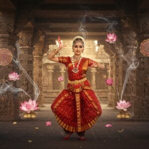 A mesmerizing Indian classical dancer in a vibrant red and gold Bharatanatyam costume performs in front of an ancient South Indian temple corridor with intricate carved pillars. Her graceful pose captures the Tribhanga position with perfect mudras, adorned with traditional temple jewelry, alta-decorated hands, and a jasmine-adorned braid. The temple architecture features Dravidian style with detailed gopurams visible in the background. Golden light streams through the pillars, creating dramatic shadows and divine atmosphere. Floating around her are ethereal, translucent mandalas and lotus flowers in soft pastel hues of pink and blue. The scene is enhanced by swirling trails of incense smoke forming mystical patterns. The lighting combines warm temple flames and cool moonlight, creating a supernatural glow. Multiple semi-transparent figures of the same dancer in various classical dance poses appear like spiritual echoes around her. Style combines hyperrealistic digital art with traditional Tanjore painting elements, emphasizing gold work and intricate details. The overall composition suggests movement, divinity, and the ancient connection between dance and worship.