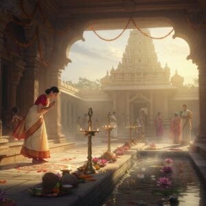 A serene Indian temple courtyard at dawn, illuminated by soft golden morning light streaming through ornate archways. In the foreground, a young Indian woman in a pristine cream silk saree with a red border performs pranaam (respectful bow) at the temple entrance. She's barefoot on intricate marble flooring featuring traditional rangoli patterns in soft pastel colors. The temple architecture showcases detailed Dravidian-style gopuram with intricate carvings in gold and saffron hues. Multiple brass diyas with gentle flames line the pathway, creating a warm glow. Floating lotus flowers in a small temple pond reflect the morning light. In the background, other devotees in traditional attire mindfully perform temple rituals. The scene includes subtle elements like a brass bell, coconut offerings, and fresh flower garlands in vibrant colors. The overall atmosphere combines traditional elements with modern digital art techniques, featuring a dreamy blur effect and ethereal lighting. The composition should follow Madhubani art style patterns in the architectural details while maintaining a contemporary, sophisticated look. Include soft mist and floating flower petals for added spirituality.