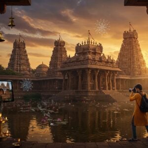 A majestic ancient Indian temple complex at golden hour, with intricate Dravidian architecture featuring ornate gopurams adorned with detailed sculptures in gold and saffron. A young Indian photographer in modern casual wear (kurta) captures the scene with a professional DSLR camera. The foreground shows a serene temple pond with floating lotus flowers and reflected golden light. Mystical rays of sunlight pierce through the temple pillars, illuminating the sacred sanctum. The scene combines traditional Hoysala-style carved pillars with floating mandalas and sacred geometry patterns in the air. Digital device screens showing temple images float ethereally in the background. The color palette includes deep maroons, peacock blues, and burnished gold. Intricate Madhubani-style patterns frame the scene, while a soft gradient of purples and oranges fills the sky. Sacred elements like bells, diyas, and incense smoke add atmospheric depth. The lighting is dramatic yet spiritual, with lens flares and bokeh effects. Hyperrealistic digital art style with photographic details, rendered in 8K quality.