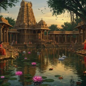 A serene ancient Indian temple pond at twilight, with ornate stone steps (ghats) leading down to crystal-clear waters reflecting golden light. A massive stone temple with intricate Dravidian architecture towers in the background, its reflection perfectly mirrored in the still water. Large lotus flowers in pink and white float on the water's surface, with subtle golden auras around them. Two Indian women in traditional sarees (one in deep blue, one in saffron) perform ritual offerings with brass lamps at the water's edge, their reflection creating symmetrical patterns. Mandala-like ripples emanate from where the water meets the steps. Sacred white swans glide gracefully across the water. The scene is illuminated by dozens of floating diyas creating a magical pattern of lights on the water surface. Multiple stone pillared mandapas with detailed carvings line the pond's edges. Banyan trees with aerial roots frame the scene, their leaves catching the golden hour light. Art style combines hyperrealistic digital painting with traditional Tanjore art elements, featuring rich gold accents, deep jewel tones, and ethereal lighting. The atmosphere is mystical and peaceful, with subtle hints of incense smoke curling in the air.
