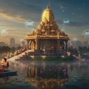 A majestic modern Hindu temple rising from a serene lotus pond, blending traditional Nagara architecture with futuristic elements. The temple's golden shikhara gleams with holographic sanskrit symbols floating around it. The structure features intricate carved details enhanced by subtle LED lighting in deep blues and warm golds. In the foreground, young Indian devotees in contemporary clothing perform aarti with smart-devices displaying digital spiritual content. The scene is surrounded by floating translucent mandalas and swirling energy patterns in shades of saffron and purple. Crystal-clear water reflects the temple, creating a mirror effect with ripples disturbed by falling lotus petals. Ethereal light beams pierce through morning mist, while modern city skylines blend seamlessly in the background. The atmosphere combines ancient spirituality with technological advancement, featuring floating AR displays showing temple information. The art style merges hyperrealistic digital rendering with traditional Madhubani patterns in the details. The lighting is dramatic with golden hour warmth, creating a mystical yet contemporary ambiance.