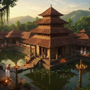 A majestic aerial view of an ancient Kerala-style temple complex with traditional copper-plated roofs and intricate wooden architecture, set against lush green Western Ghats mountains at golden hour. The temple's distinctive multi-tiered gopuram features detailed Madhubani-style paintings in rich maroon and gold. In the foreground, a serene temple pond reflects the structure, surrounded by blooming lotus flowers and floating brass oil lamps. Two elderly temple priests in traditional white mundu and bare-chested attire perform evening rituals near the temple steps, while devotees in traditional Kerala attire circumambulate the temple. Soft rays of sunlight filter through coconut palms, creating a mystical atmosphere with floating golden particles. The scene incorporates modern digital art techniques with traditional Pattachitra art style, featuring detailed patterns and motifs in peacock blue and saffron. Small oil lamps illuminate the temple's stone pathways, creating a warm, inviting glow. The entire composition is framed by ancient banyan trees with hanging roots and granite deepastambhas (traditional lamp posts) decorated with intricate carvings.