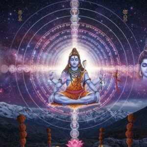 A mystical cosmic scene depicting Lord Shiva in deep meditation at the center, sitting in Padmasana on a crystal lotus, emanating 36 concentric rings of light in graduating colors from pure white to deep indigo. Each ring contains intricate Devanagari patterns and sacred geometry. Shiva has four arms, holding damaru in upper right, trishul in upper left, with lower hands in chin mudra. The background shows the cosmic void with swirling galaxies and nebulae in deep purples and blues. Five ethereal faces of Shiva partially visible in different directions, representing the five aspects. Sacred Kashmir valley visible below with snow-capped Himalayas. Floating mandalas and yantra patterns in gold sacred geometry integrate seamlessly with the rings. Art style combines hyperrealistic digital art with traditional Kashmiri paper mache patterns and Hindu iconography. Scene illuminated by divine light emanating from Shiva's third eye. Multiple lotuses and rudraksha beads float weightlessly around the rings. The atmosphere is deeply spiritual and transcendental with a modern aesthetic appeal.