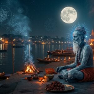 A solitary Aghori sadhu in traditional ash-covered body, seated in padmasana on a moonlit bank of the Ganges at Varanasi, modern city lights glowing distantly in the background. His eyes are closed in deep meditation, surrounded by a soft, ethereal blue aura. Traditional elements like a kapala (skull bowl) and rudraksha beads are arranged beside him. The scene is illuminated by floating diyas on the river and a large full moon, creating dramatic shadows. Intricate Madhubani-style patterns in gold and saffron form in the smoke from nearby ritual fires. The composition balances ancient practices with contemporary elements - traditional cremation grounds visible but subtly blended with modern Varanasi skyline. Mystical elements include swirling sacred geometry mandalas in deep indigo and gold, floating in the air. The overall mood is mysterious yet serene, with a color palette of deep blues, ash greys, and warm oranges from the funeral pyres. The art style combines photorealistic details with surreal, spiritual elements, rendered in high-detail digital art technique.