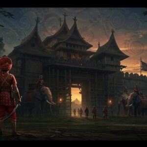 A dramatic scene depicting a majestic Kachari fortress at dusk, with traditional Dimasa-Kachari architecture featuring bamboo and wooden elements, set against the backdrop of the Brahmaputra Valley. In the foreground, a Kachari warrior chief in traditional attire with ornate headgear and sword stands proudly, while British East India Company soldiers with red coats and muskets approach from the distance. The sky features swirling patterns inspired by Assamese textile motifs in deep indigo and gold. Stylized battle elephants with traditional decorative gear stand guard at the fortress gates. The scene is illuminated by warm torchlight and the setting sun, creating dramatic shadows. Rich earthy colors dominate - deep browns, forest greens, and royal blues - with golden accents. The art style combines traditional Assamese artistic elements with modern digital painting techniques, featuring intricate patterns and cultural motifs. Photorealistic details in the architecture and costumes, cinematic lighting, atmospheric perspective, ultra-detailed, trending on artstation.