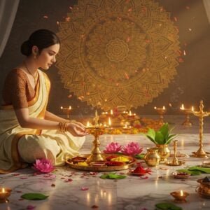 A serene Indian woman in an elegant cream silk saree with golden border performing puja, seated on an ornate brass lotus asana. Before her, a meticulously arranged puja thali containing traditional items - a glowing brass diya with dancing flame, vermillion kumkum, yellow turmeric powder, fresh pink lotus flowers, green leaves, and gleaming silver ritual items. The background features a large, intricate golden mandala pattern with floating flower petals. Multiple small oil lamps create a warm, divine ambiance with their soft golden glow. Smoke wisps from copper incense holders create ethereal patterns. The scene is set in a contemporary minimalist temple space with white marble floors reflecting the warm light. Floating translucent white curtains add movement. The lighting is warm and mystical, with god rays filtering through temple windows. Art style combines traditional Madhubani patterns with modern digital art techniques, emphasizing rich colors like deep maroon, saffron, and burnished gold. The overall composition suggests both tradition and contemporary elegance, with hyperrealistic details in the ritual items and fabrics.