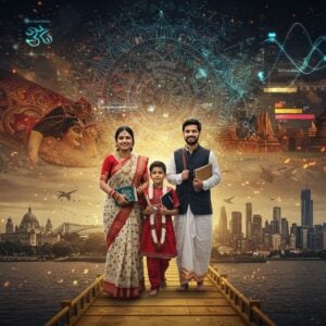 A majestic composition showing a Bengali Hindu family in modern attire blended with traditional elements, standing on a golden bridge that spans between ancient Kolkata (showing Victoria Memorial and Howrah Bridge in sepia tones) and modern global cities (showing Sydney Opera House, Big Ben, and NYC skyline in vibrant colors). The woman wears a contemporary red and white Bengali-style saree with traditional shakha-pola bangles, while the man wears a modern suit with a traditional dhuti draped over one shoulder. Their child holds both traditional Bengali books and a modern tablet. Above them, a massive, intricate mandala pattern morphs into data visualization elements showing migration patterns in glowing blue lines. The scene is adorned with Bengali cultural symbols - pieces of hand-painted Kantha artwork, Durga Puja elements, and terracotta temple architectures floating ethereally in the background. The lighting creates a dramatic contrast between the historical sepia tones and modern neon highlights, while maintaining the signature deep maroons, royal blues, and gold accents of traditional Bengali art. The overall composition follows Madhubani-inspired patterns but with a sleek, digital aesthetic. The atmosphere suggests both nostalgia and progress, with subtle particle effects creating a magical realism effect.