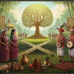 A detailed panoramic scene showcasing two distinct groups of people in traditional Bodo and Kachari attire, meeting at a mystical ancient crossroads. The Bodo women wear dokhona with rich geometric patterns in vibrant pink and green, while Kachari men wear traditional gamocha with distinctive red and white patterns. The background features ancient silk route markers, with intricate Madhubani-style borders depicting historical trade routes. Towering bamboo groves frame the scene, with golden sunlight filtering through. Traditional musical instruments like kham and sifung are prominently displayed. The foreground shows shared cultural elements - bronze utensils, handwoven textiles with similar motifs, and ritual objects. A massive tree of life in gold and deep indigo connects both groups, its branches intertwining with traditional Bodo-Kachari symbols and motifs. The art style combines hyperrealistic digital rendering with traditional Indian folk art elements, featuring rich earth tones, deep greens, and ceremonial golds. Ethereal mist in soft pastel hues adds a dreamy quality, while detailed architectural elements of traditional houses appear in the background.